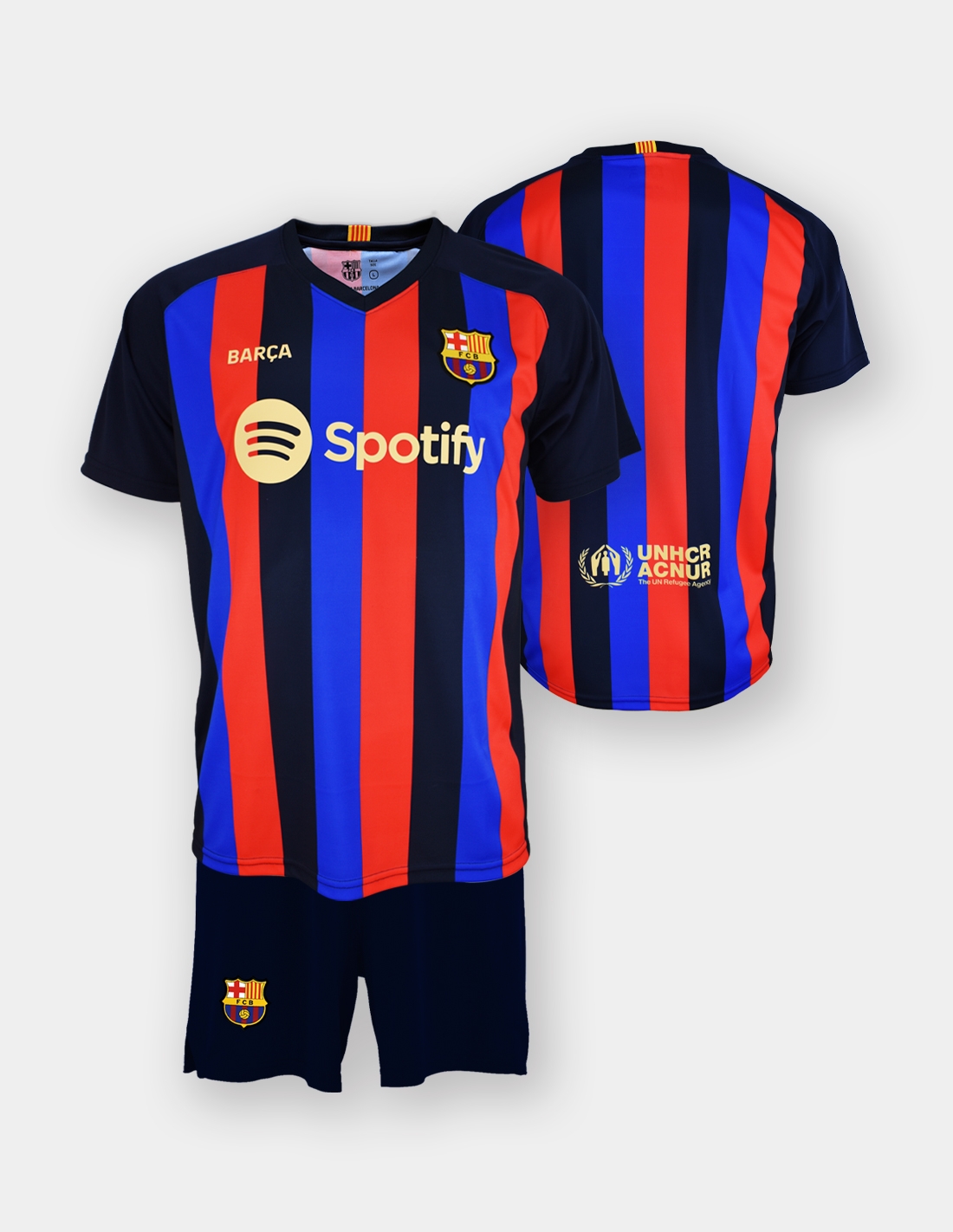 Personaliza tu Réplica Oficial FC Barcelona - Pack camiseta y pantalón 1ª equipación 22/23 - Júnior Blaugrana Talla 4 Dorsal FC Nombre personalizado